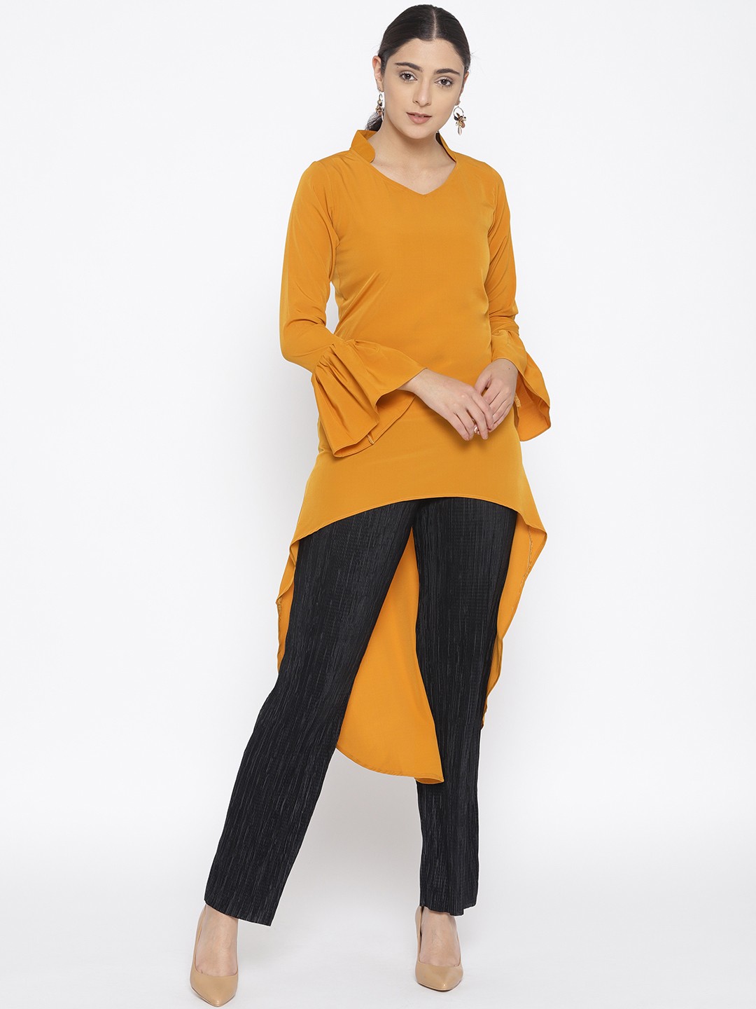 

Cottinfab Women Mustard Yellow Solid High-Low Top