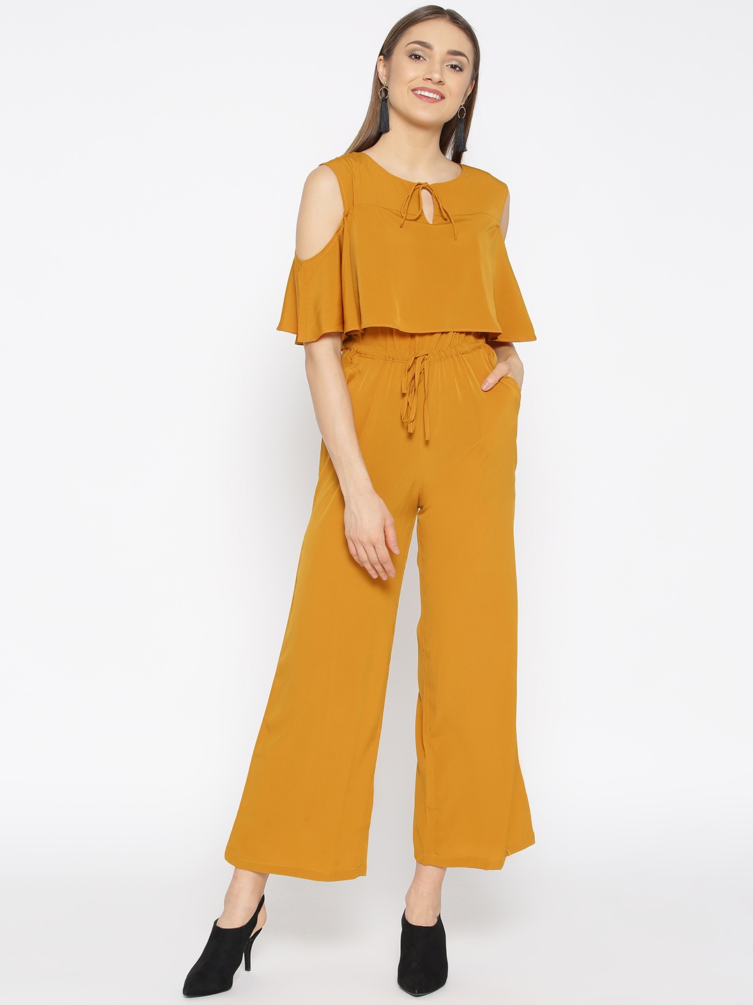 

Cottinfab Women Mustard Yellow Solid Basic Jumpsuit