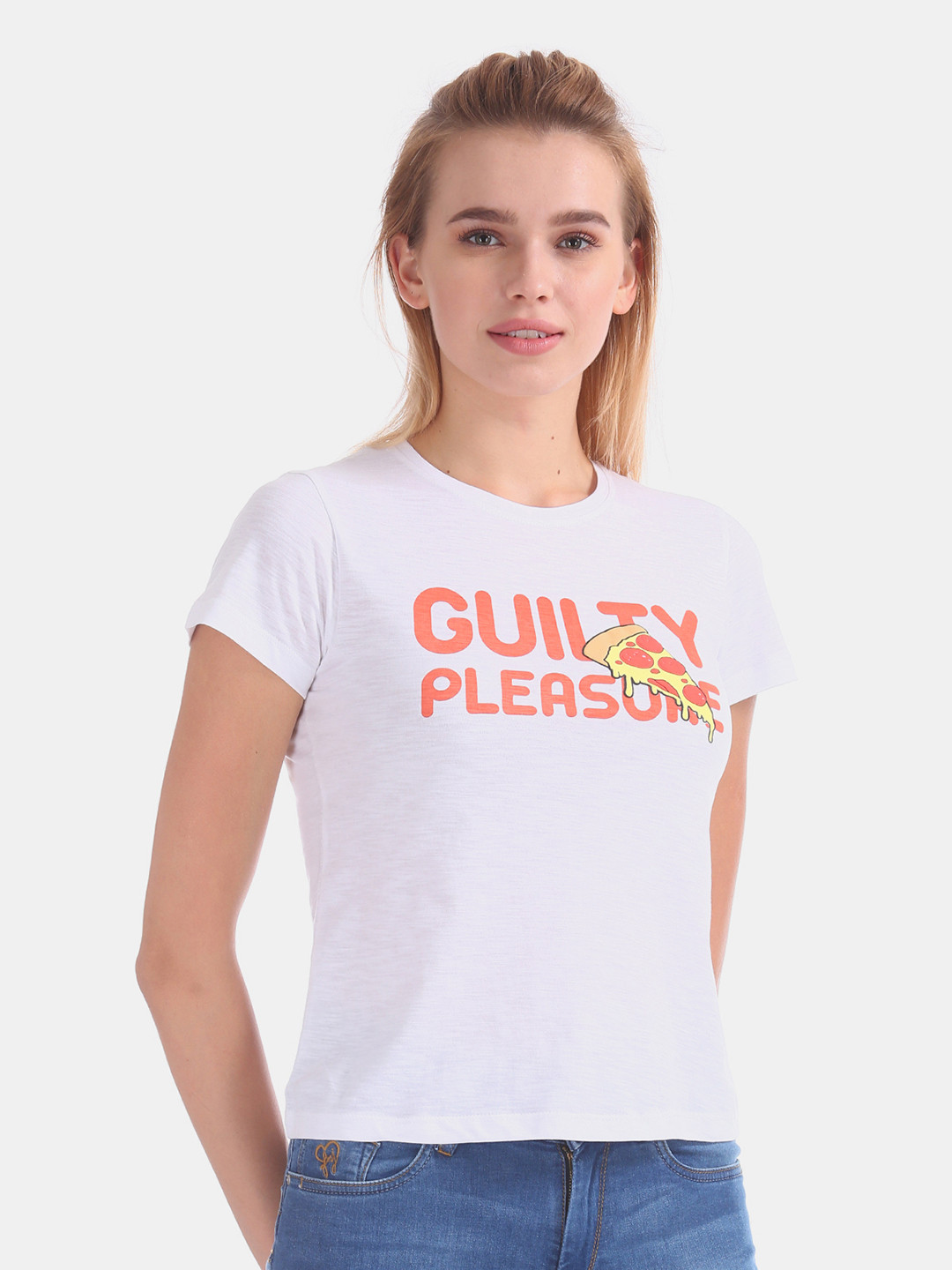 

Flying Machine Women White Printed Round Neck Pure Cotton T-shirt
