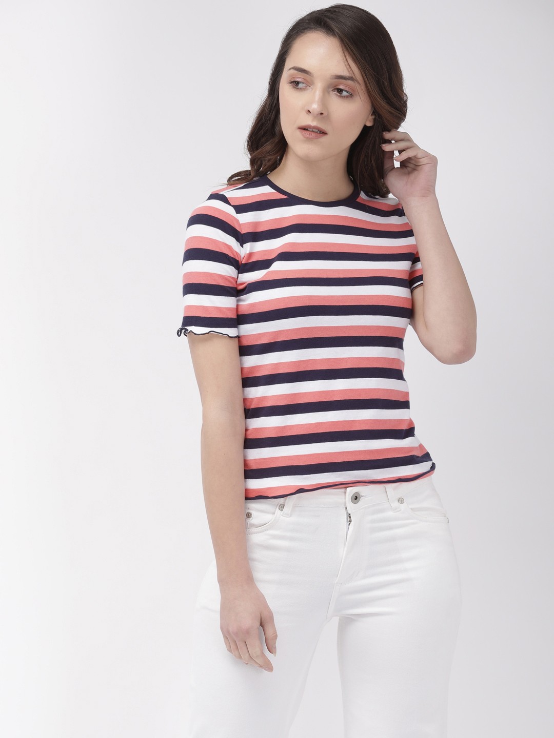 

Flying Machine Women Pink & Navy blue Striped Round Neck T-shirt