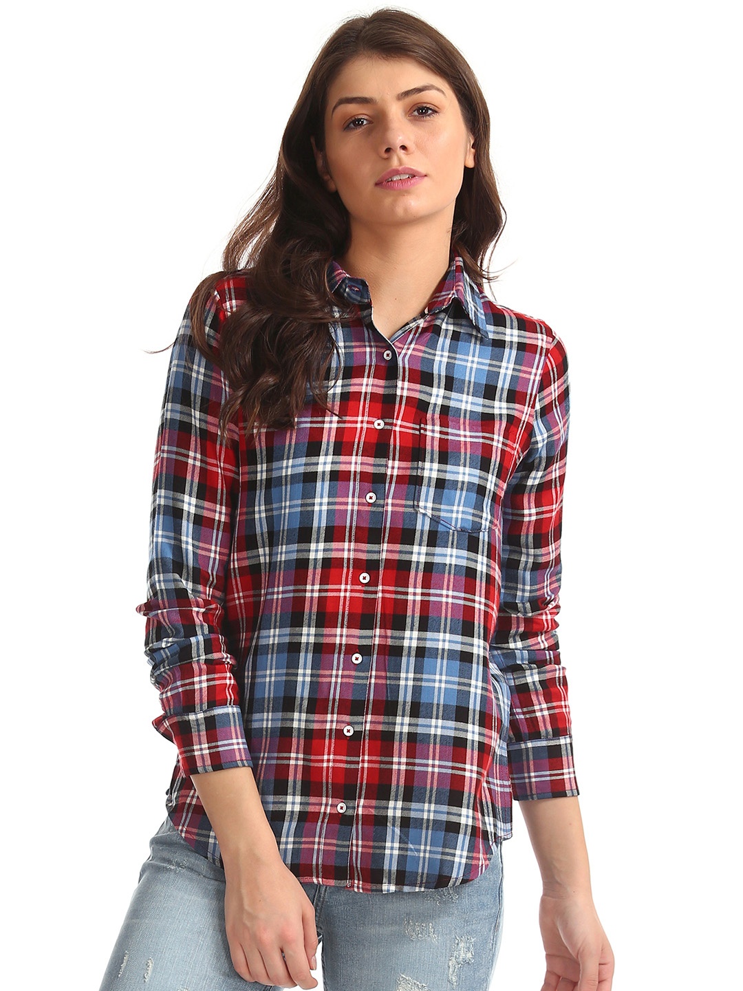 

Aeropostale Women Black & Red Regular Fit Checked Casual Shirt