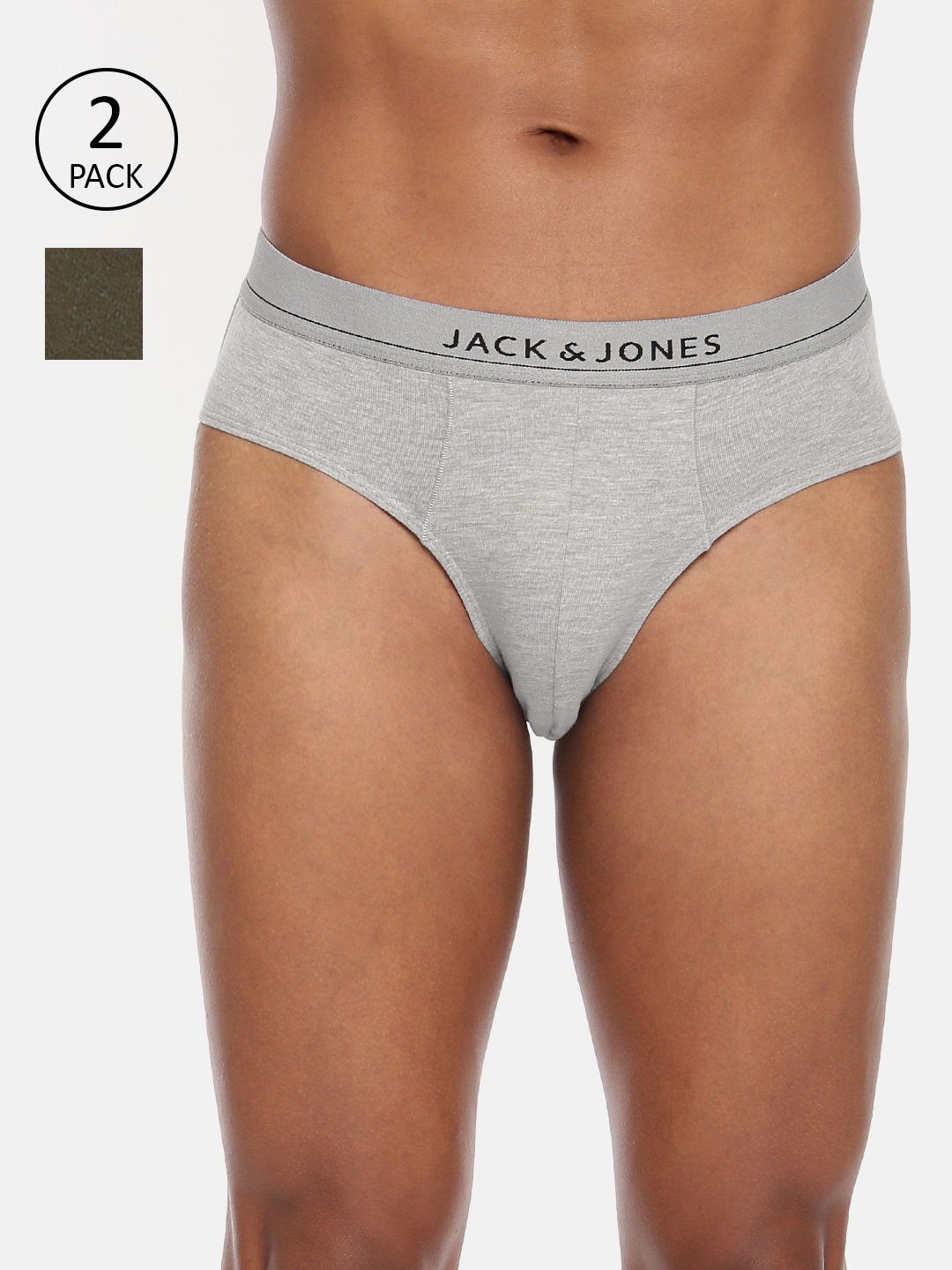

Jack & Jones Men Pack of 2 Grey Melange & Olive Green Solid Briefs 2059424010