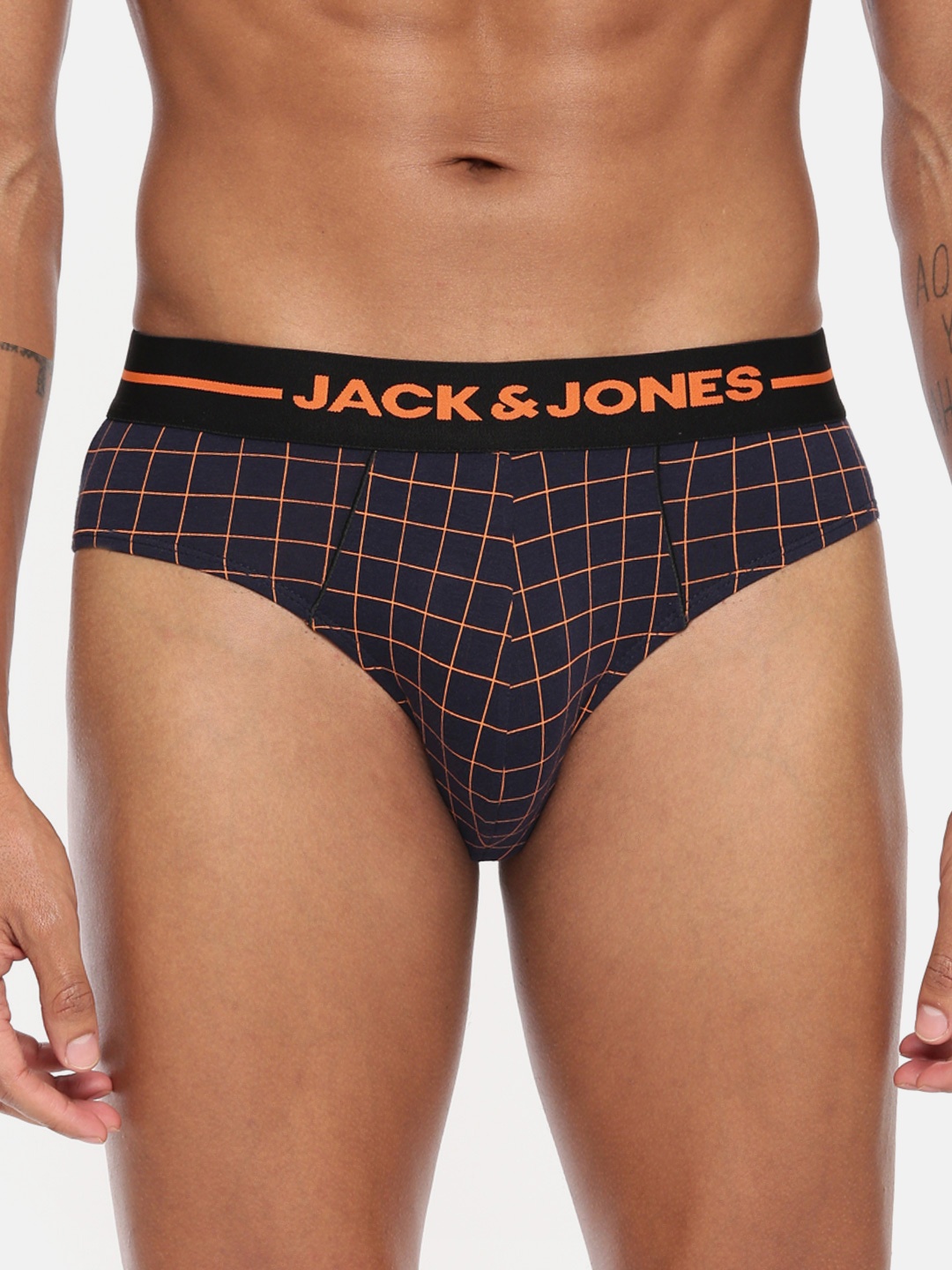 

Jack & Jones Men Navy Blue & Orange Checked Briefs 2054086010