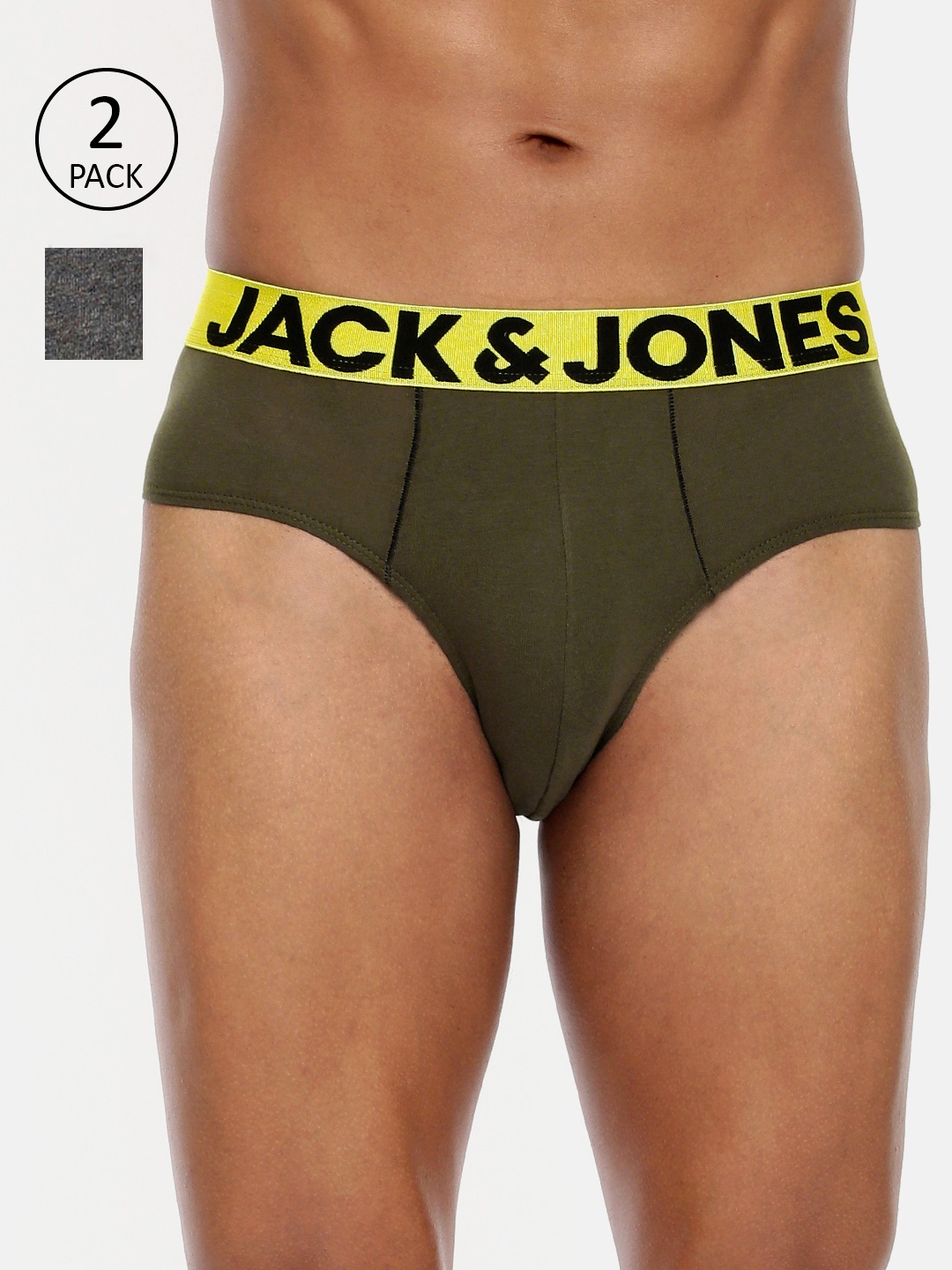 

Jack & Jones Men Pack of 2 Olive Green & Charcoal Grey Solid Briefs 2054080005