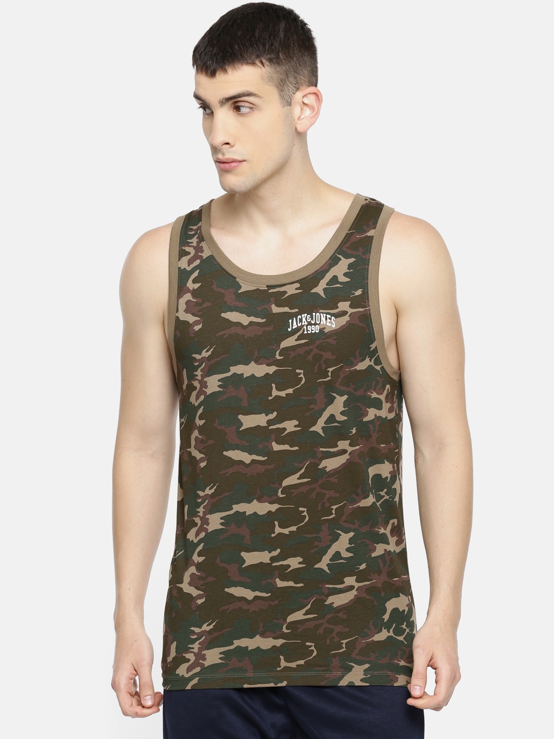 

Jack & Jones Men Olive Green Printed Innerwear Vest 2054064005