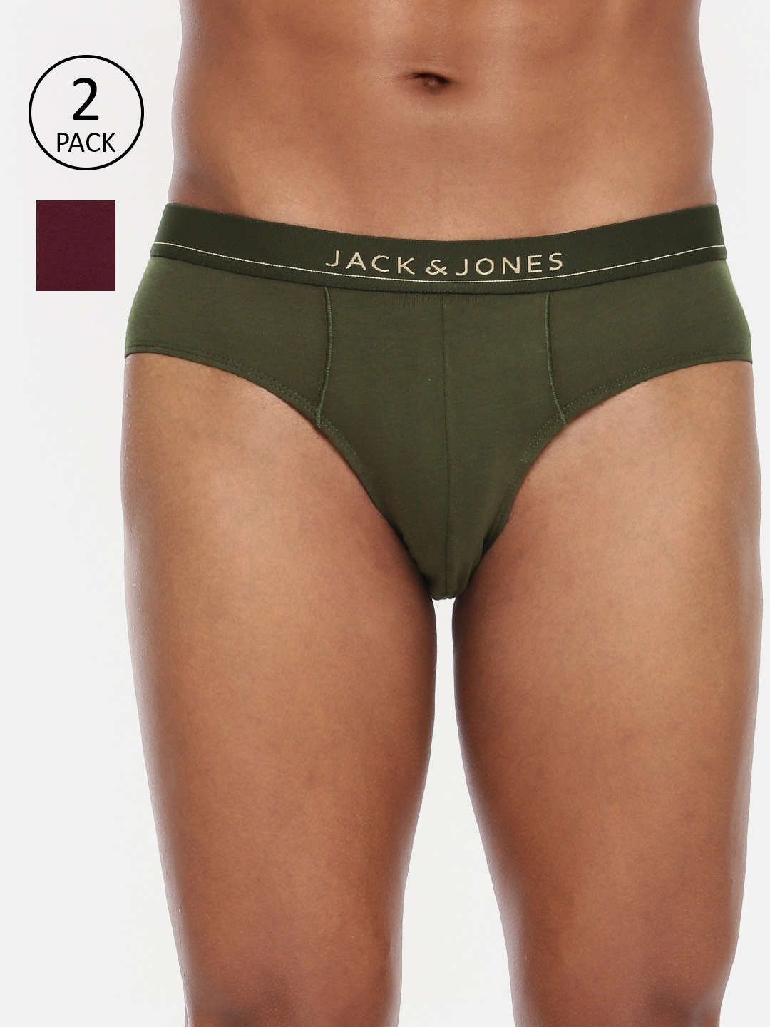 

Jack & Jones Men Pack of 2 Olive Green & Maroon Solid Briefs 2059424015