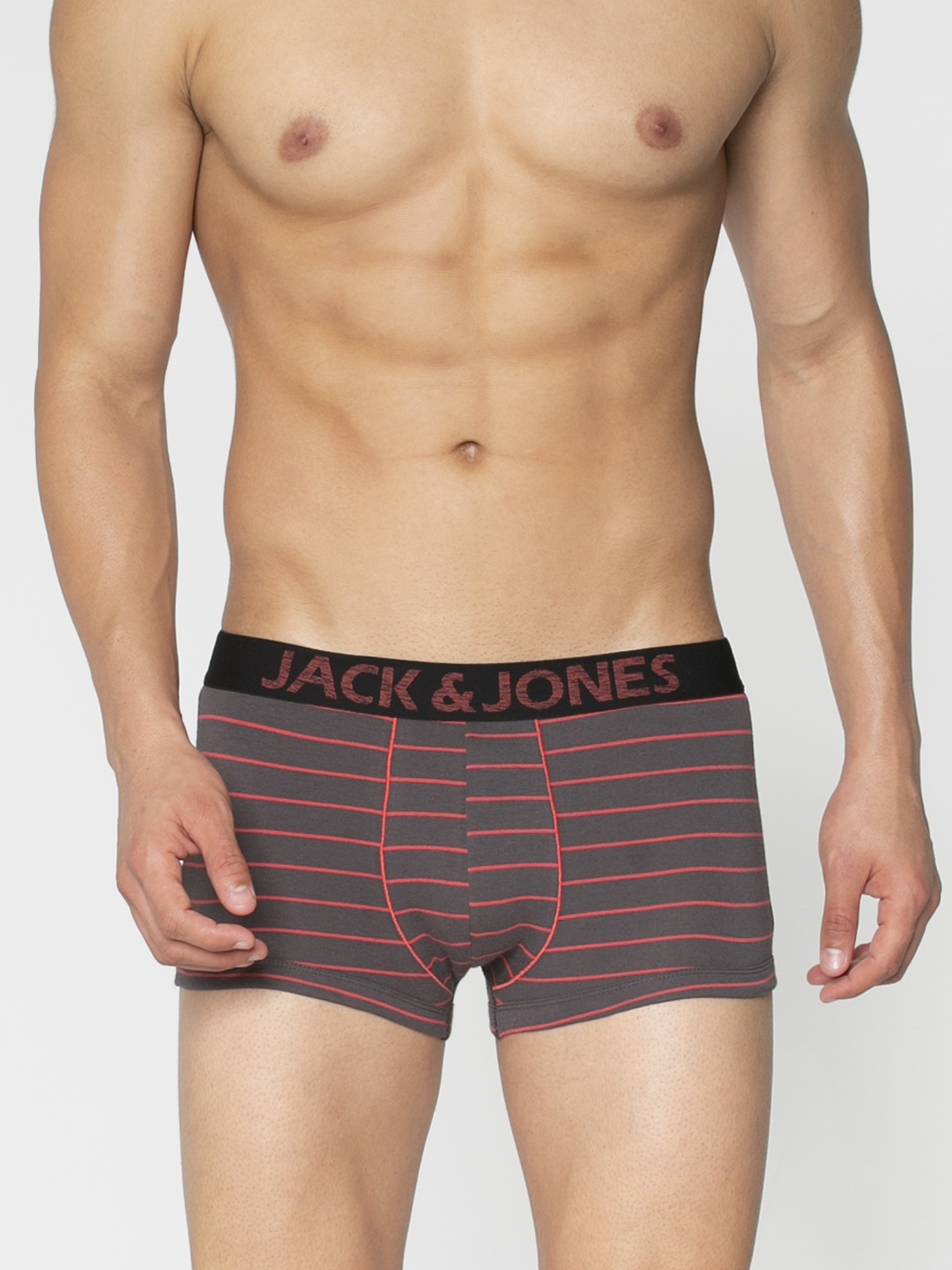 

Jack & Jones Men Charcoal Grey & Red Striped Brazilian Trunks 2054037010