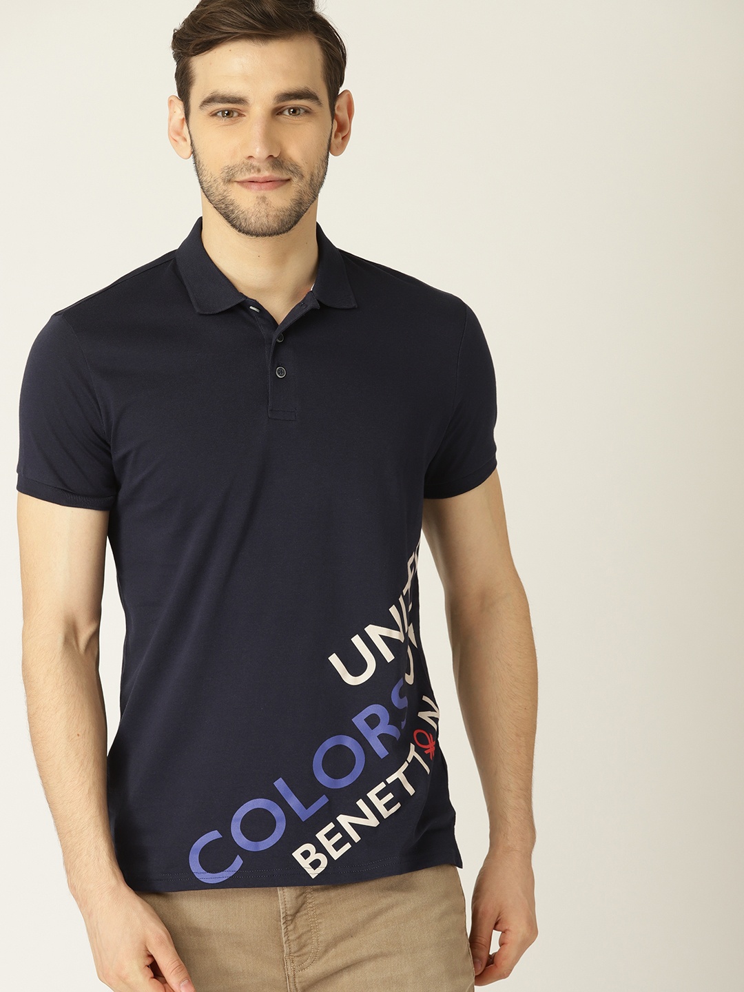 

United Colors of Benetton Men Navy Blue Printed Polo Collar T-shirt