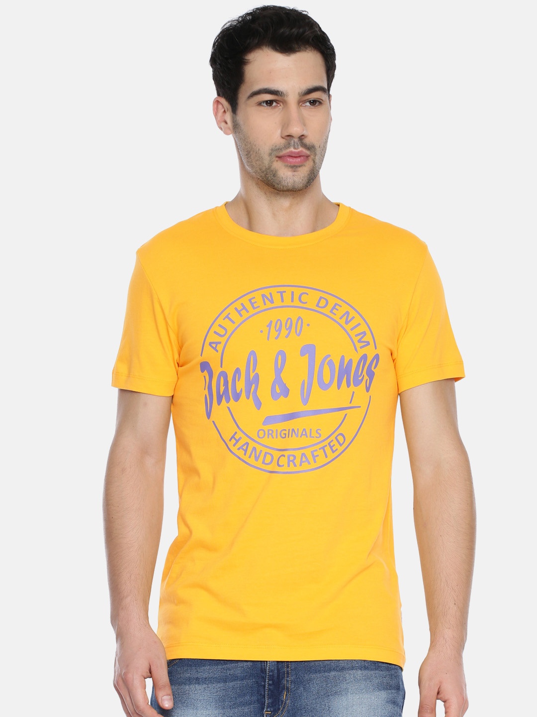 

Jack Jones Men Yellow Printed Round Neck Pure Cotton T-shirt