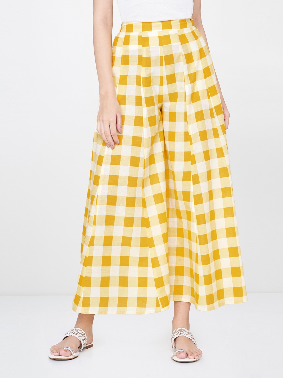 

Global Desi Women Yellow & White Checked Flared Palazzos