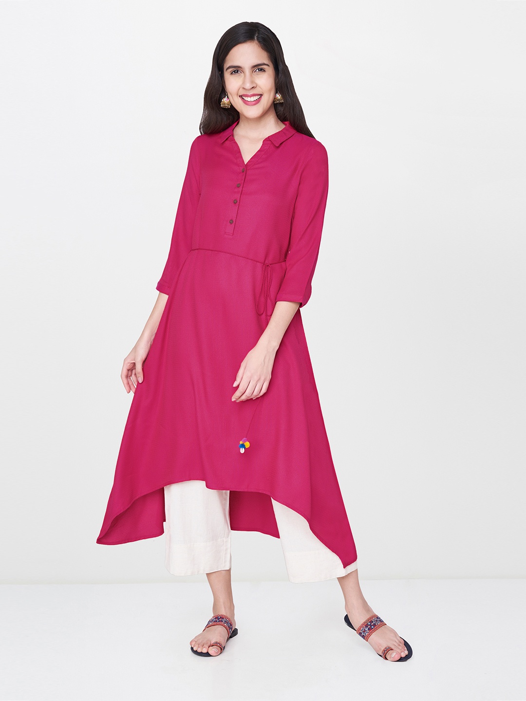 

Global Desi Women Pink Woven Design Asymmetric A-Line Kurta