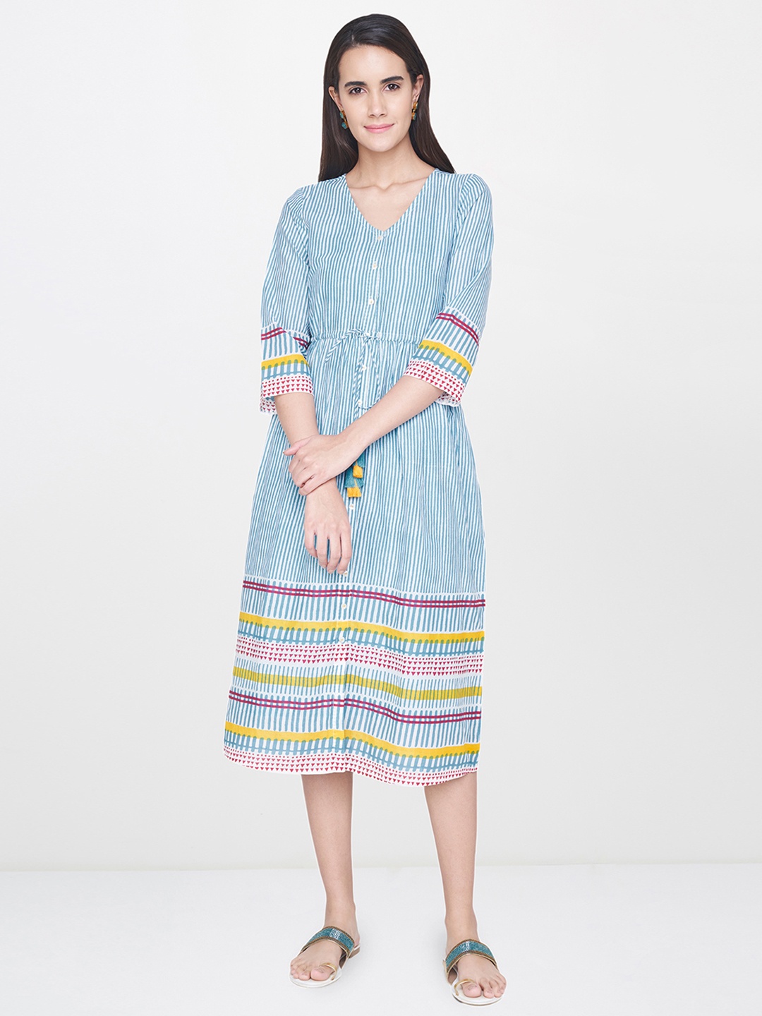 

Global Desi Women Blue Striped A-Line Dress