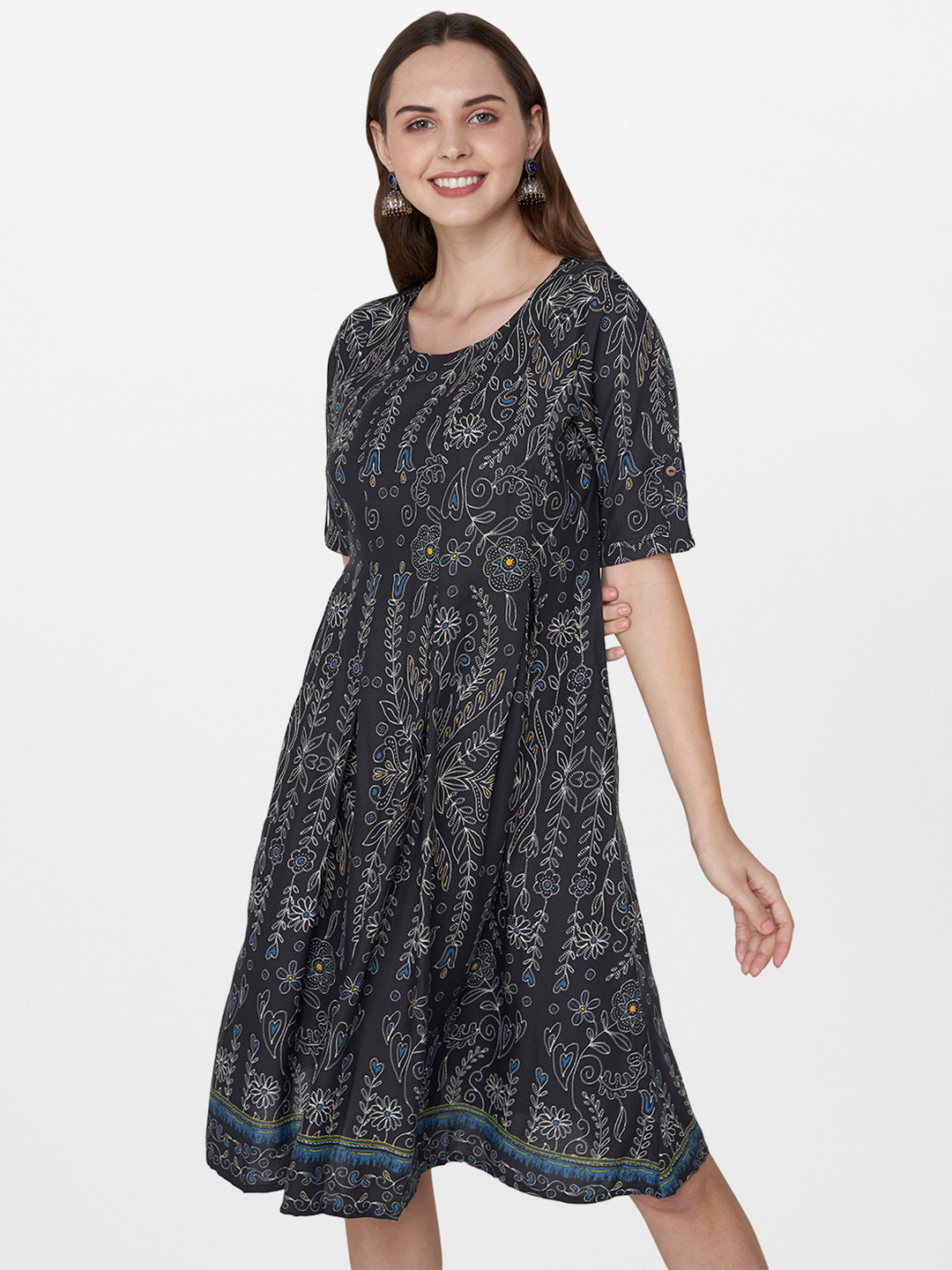 

Global Desi Women Black & Beige Printed A-Line Dress