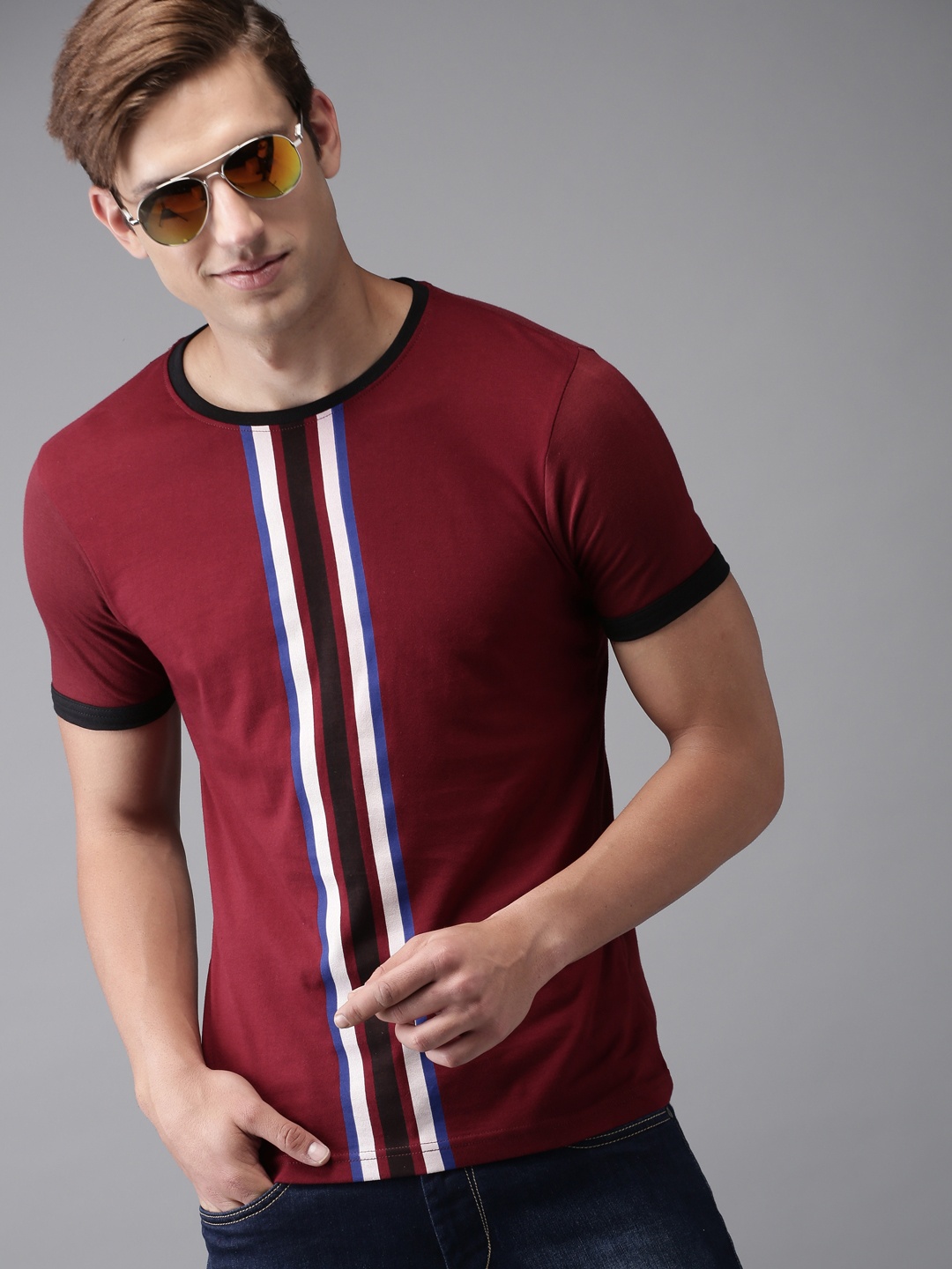

HERENOW Men Maroon White Striped Round Neck Pure Cotton T-shirt