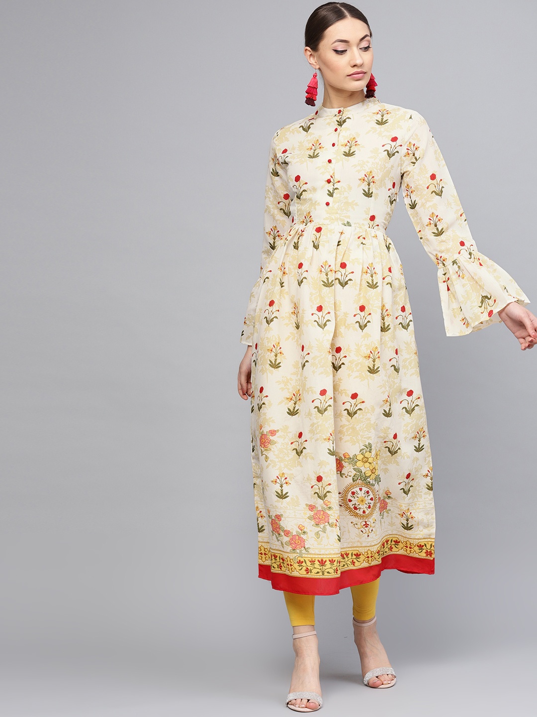 

RARE ROOTS Women Off-White & Beige Printed A-Line Kurta