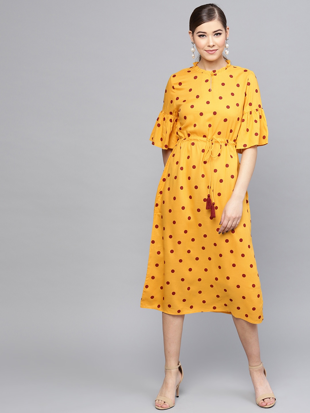 

RARE ROOTS Women Mustard Yellow & Maroon Printed A-Line Dress