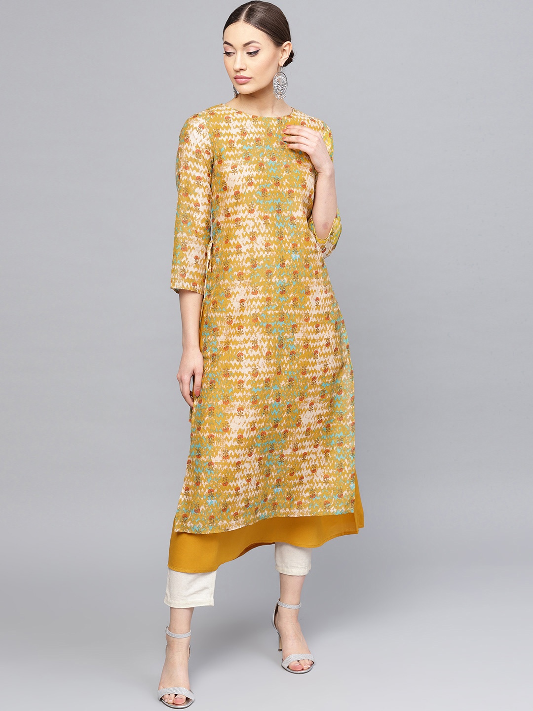 

RARE ROOTS Women Mustard Yellow Printed Layered A-Line Kurta