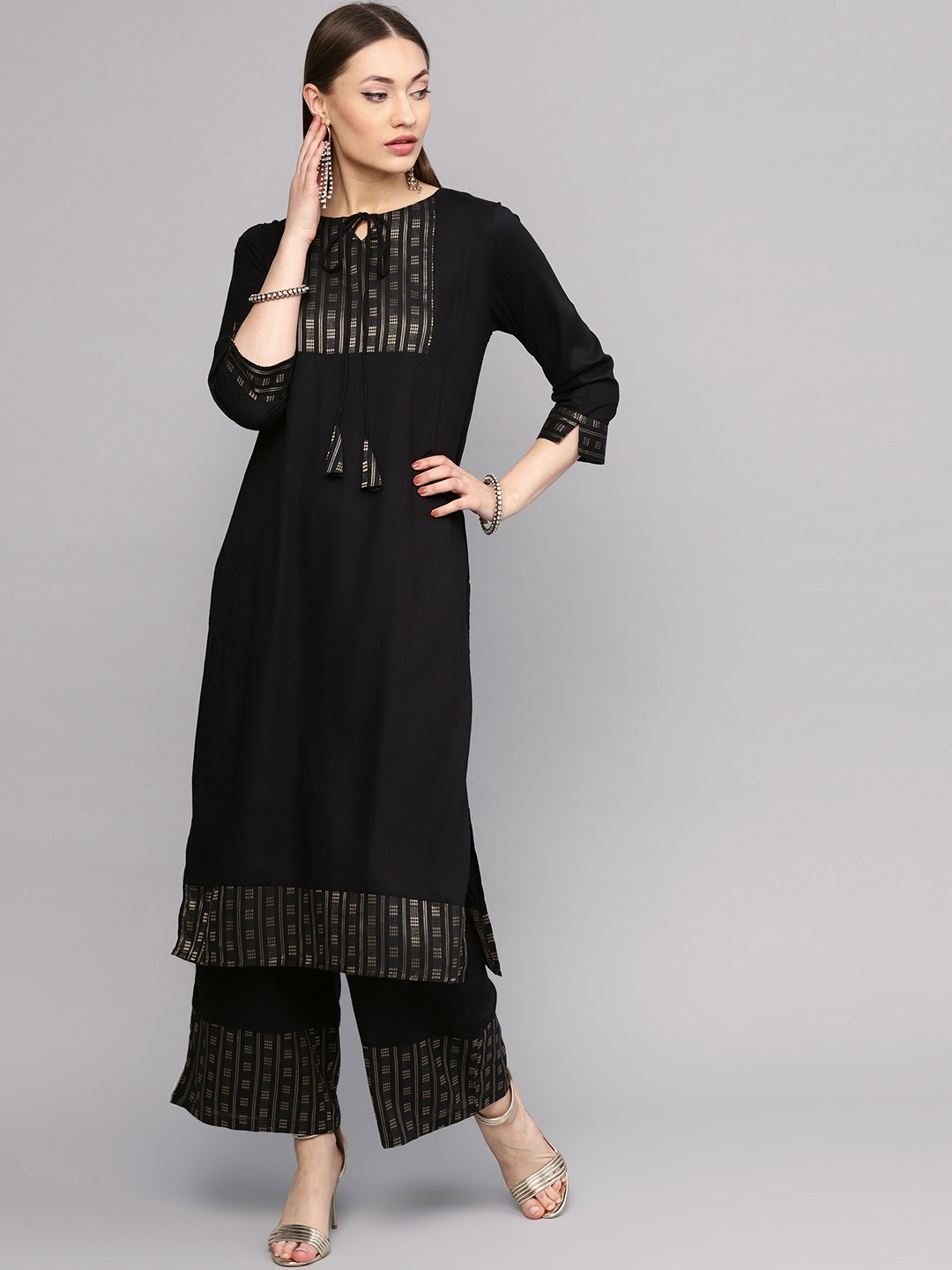 

RARE ROOTS Women Black & Gold-Toned Yoke Design Kurta with Palazzos