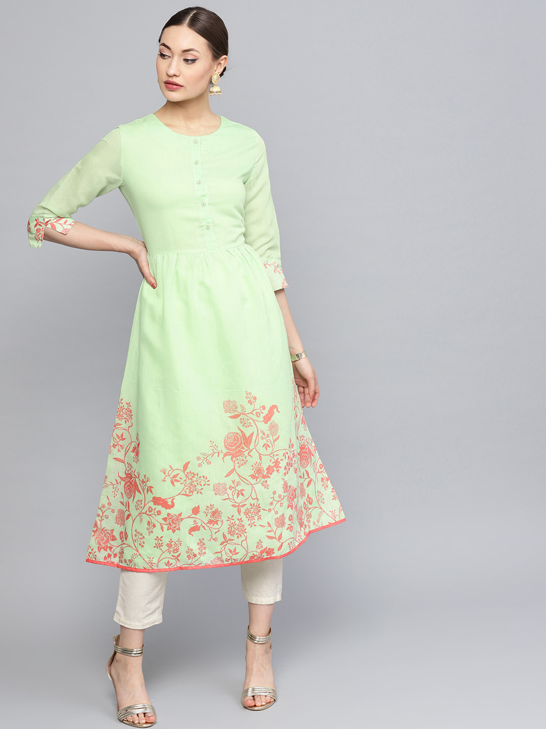 

RARE ROOTS Women Green Printed Detail A-Line Kurta