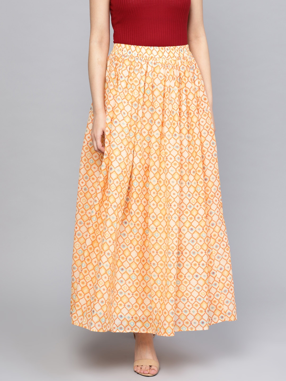 

RARE Women Beige & Orange Printed Maxi Skirt