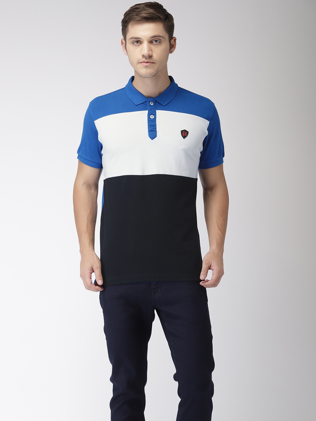 

Flying Machine Men Black Blue Colourblocked Polo Collar Pure Cotton T-shirt