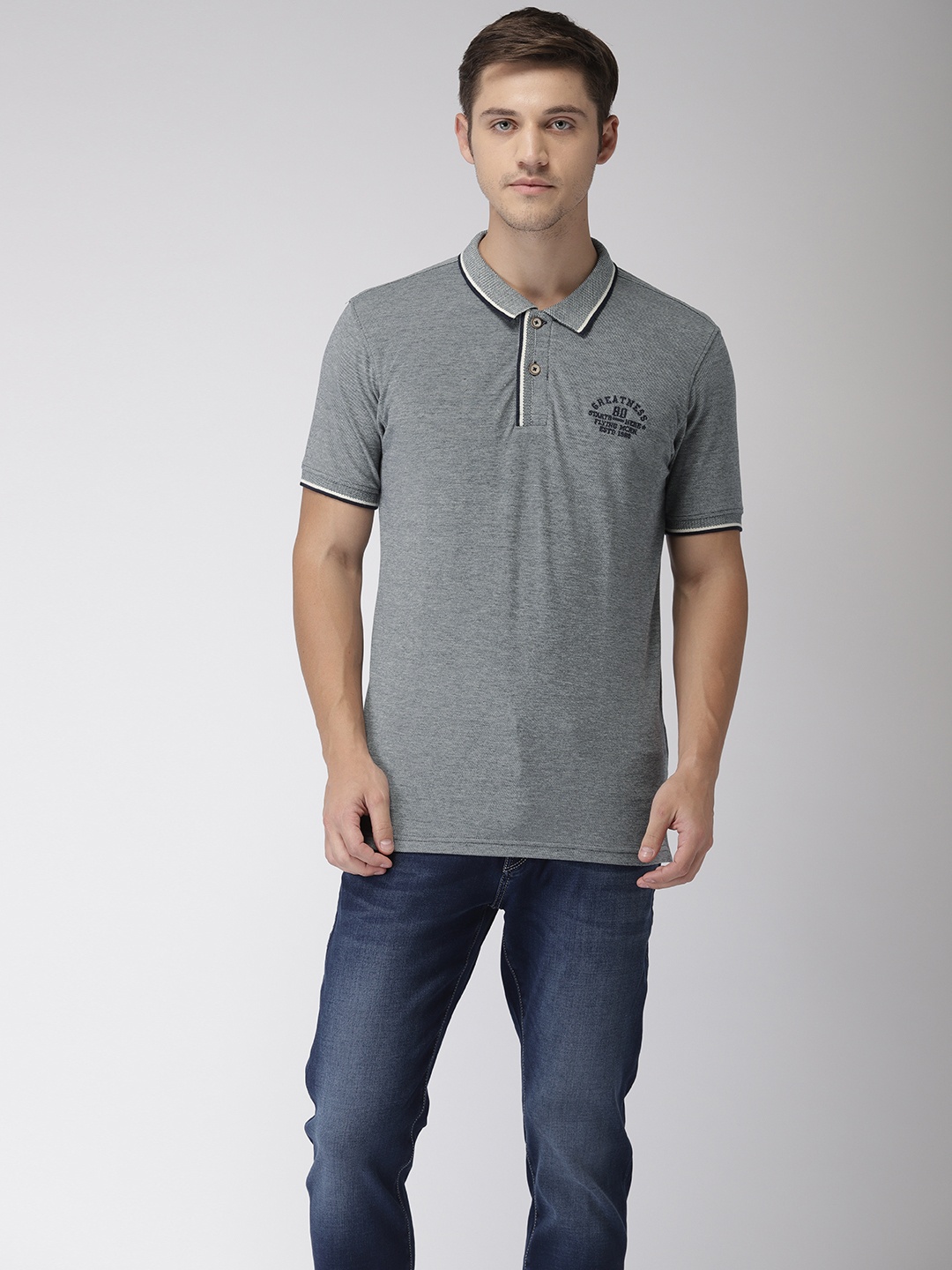 

Flying Machine Men Navy Blue Self Design Polo Collar T-shirt