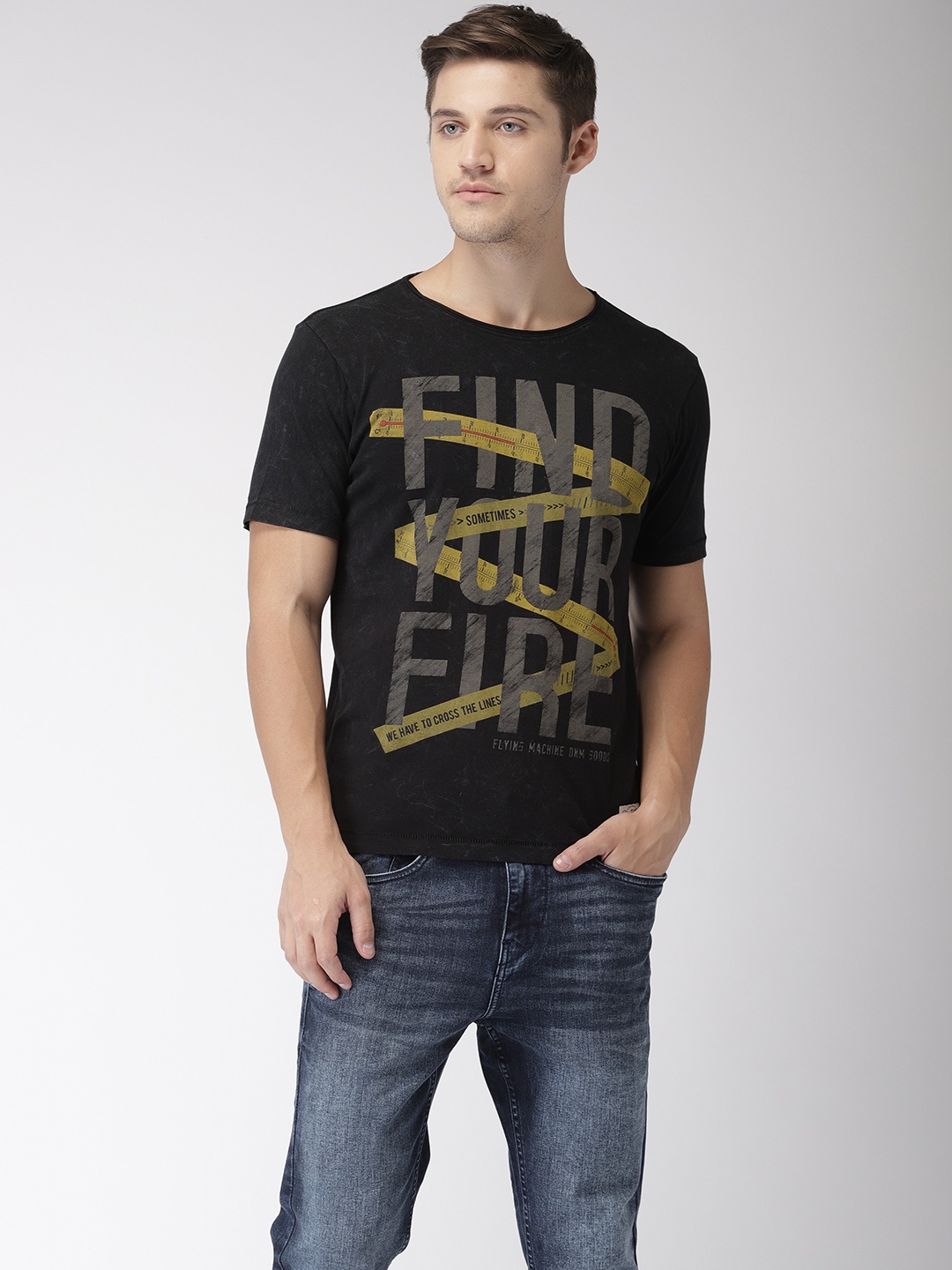 

Flying Machine Men Black Printed Round Neck Pure Cotton T-shirt