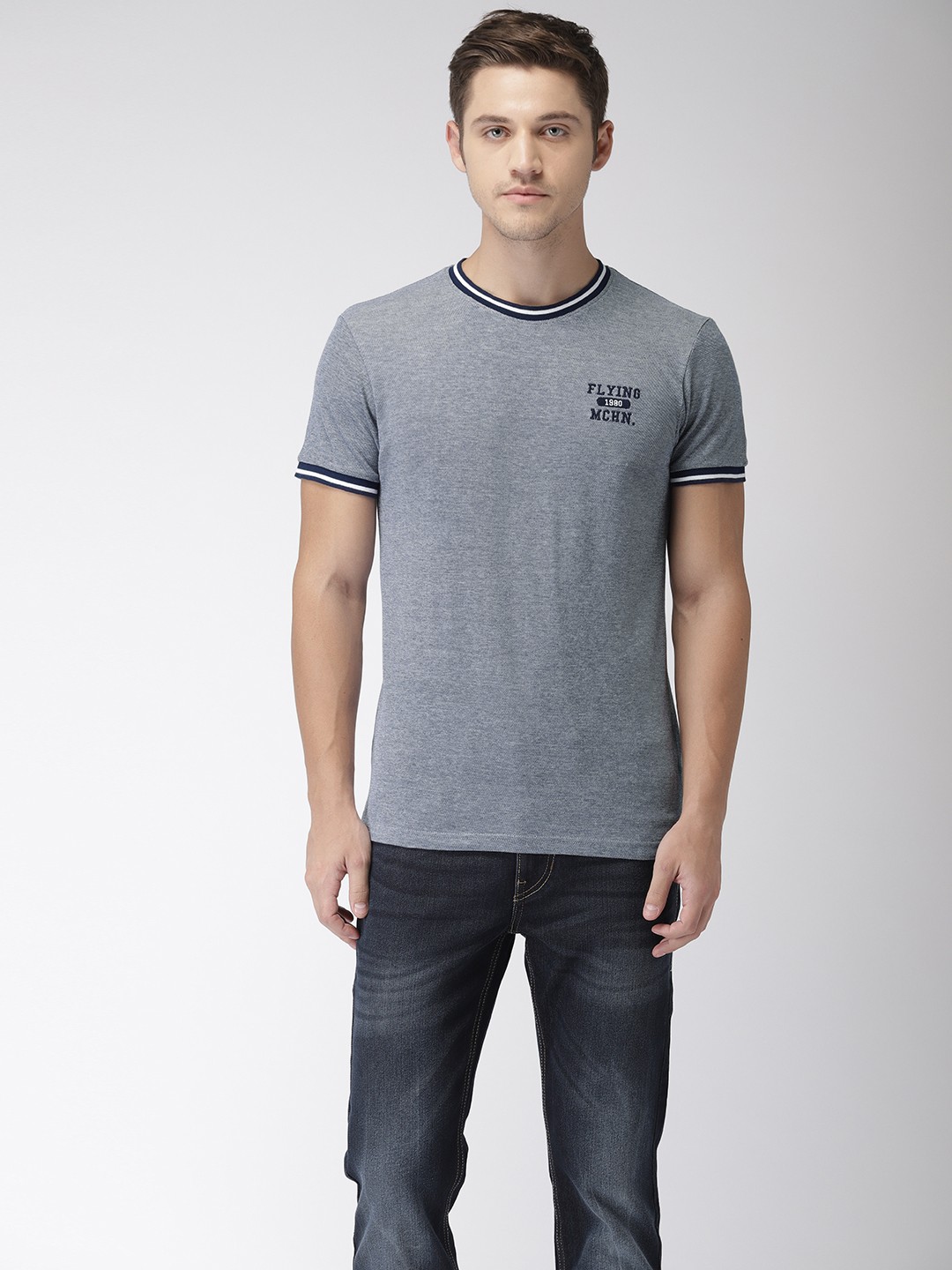 

Flying Machine Men Navy Blue Self Design Round Neck Pure Cotton T-shirt