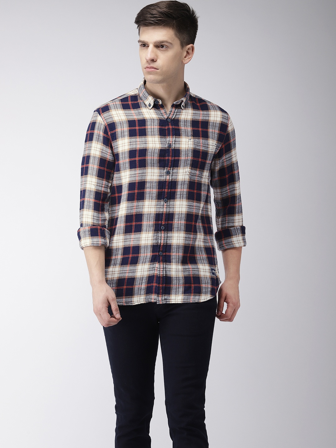 

Flying Machine Men Navy Blue & White Regular Fit Checked Casual Shirt