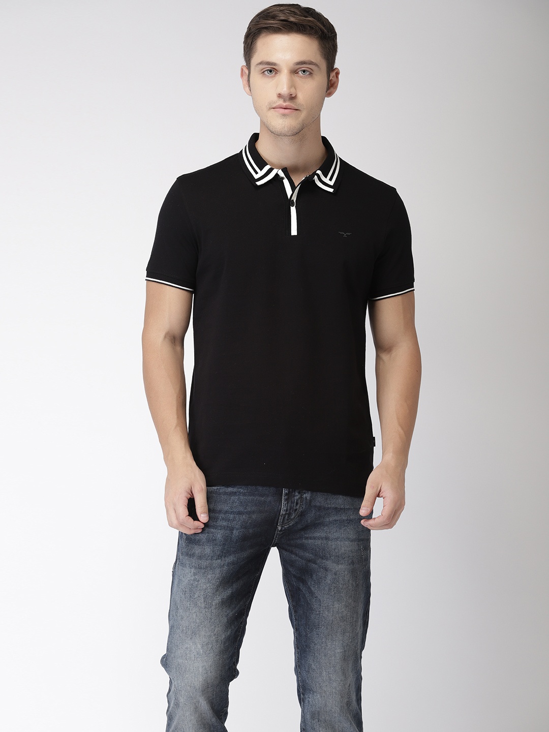 

Flying Machine Men Black Solid Polo Collar Pure Cotton T-shirt