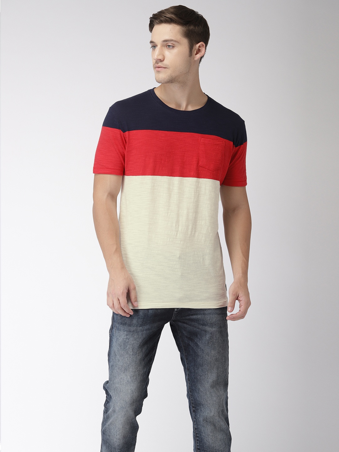 

Flying Machine Men Off-White Red Colourblocked Round Neck Pure Cotton T-shirt