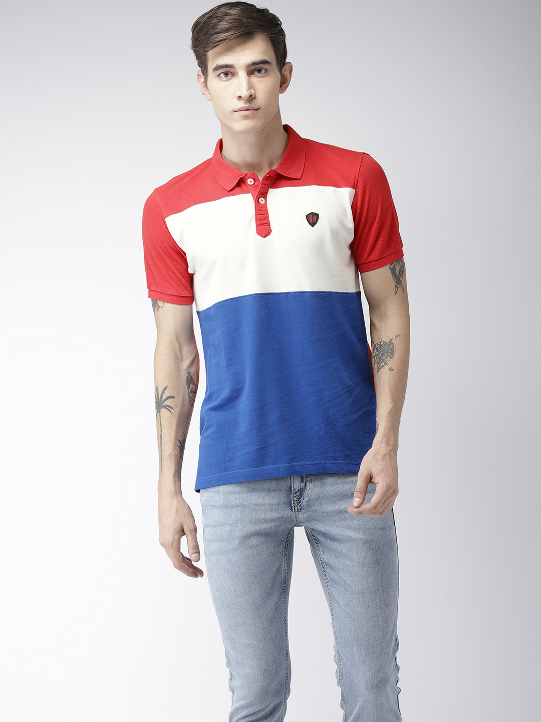 

Flying Machine Men Red Blue Colourblocked Polo-Collar Pure Cotton T-shirt