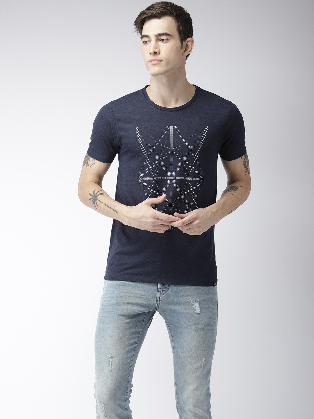 

Flying Machine Men Navy Blue Printed Round Neck T-shirt