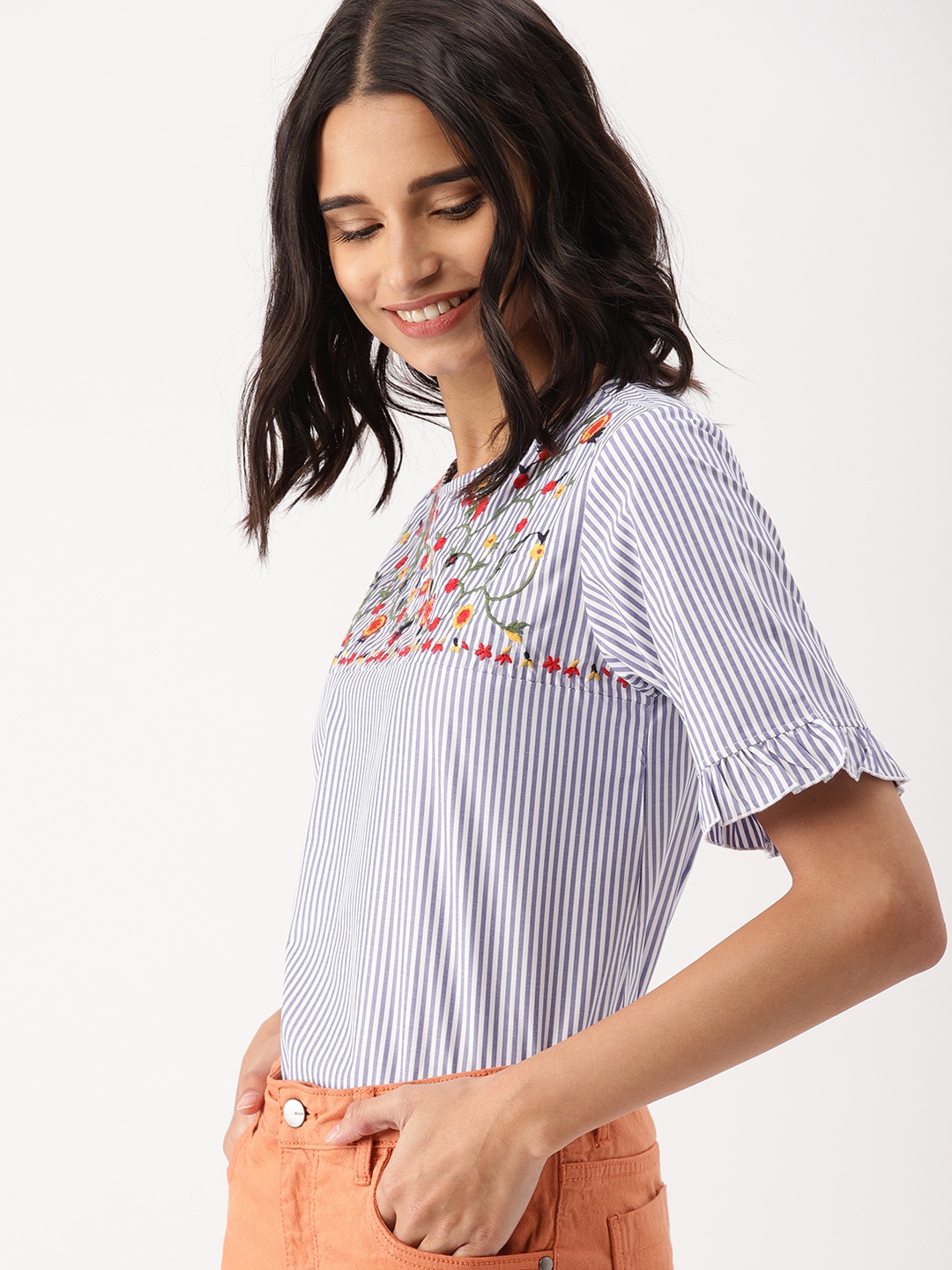 

DressBerry Women Navy Blue & White Striped Top with Floral Detail