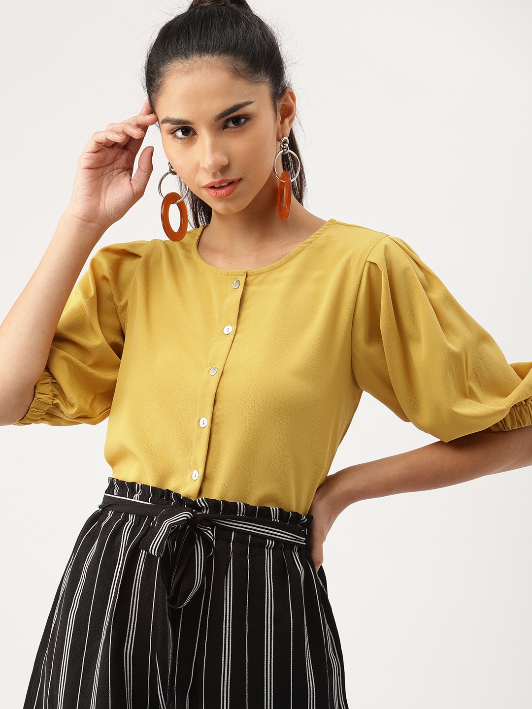 

DressBerry Women Mustard Yellow Solid Shirt Style Top