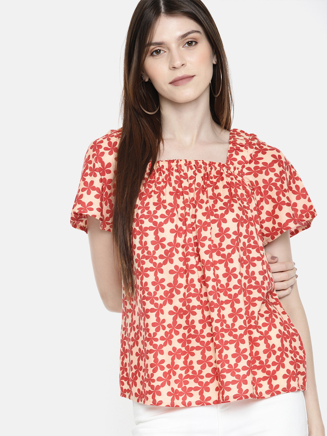 

DressBerry Women Peach-Coloured & Red Printed A-Line Top