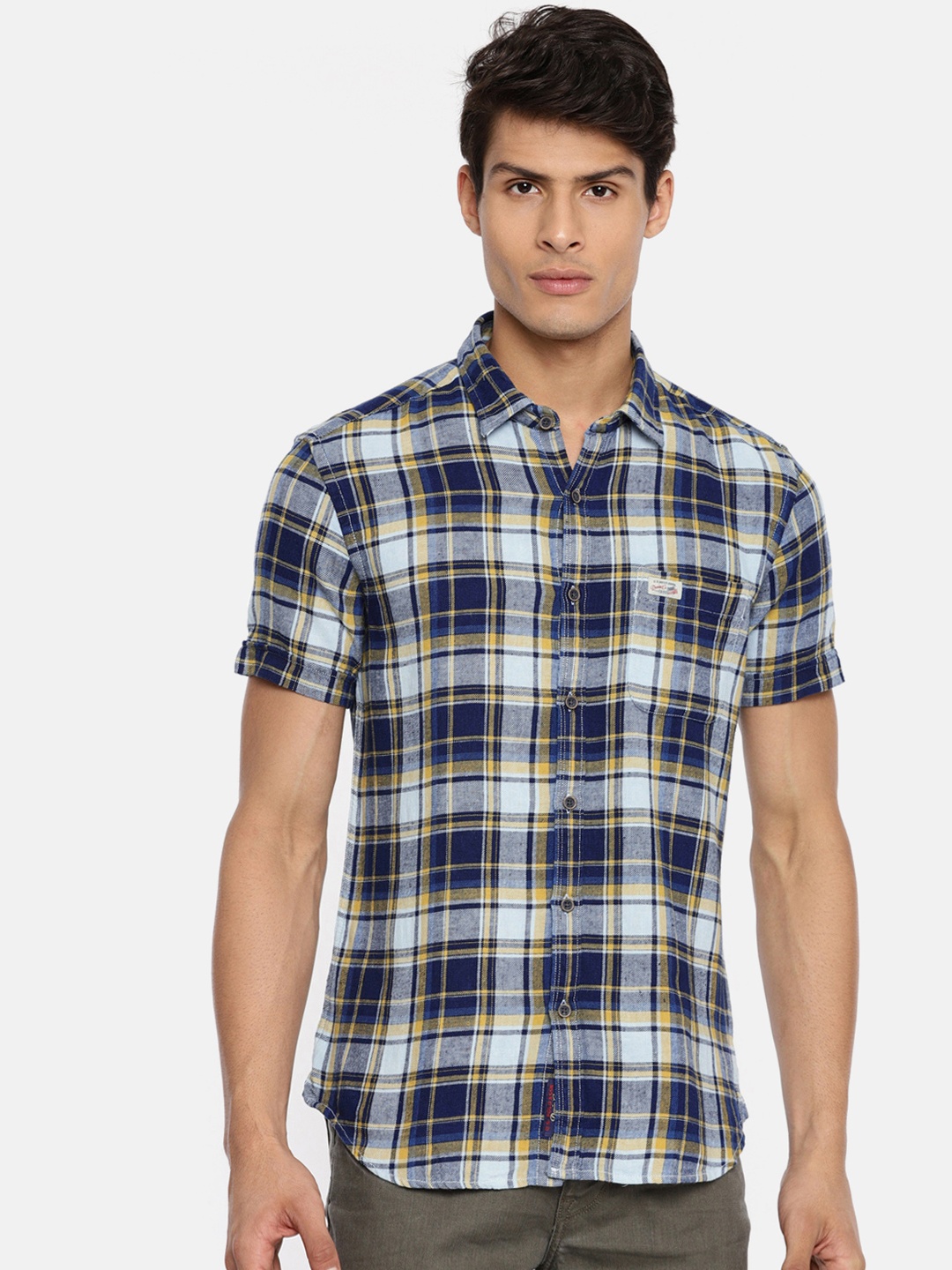 

U.S. Polo Assn. Denim Co. Men Navy Blue & Yellow Regular Fit Checked Casual Shirt