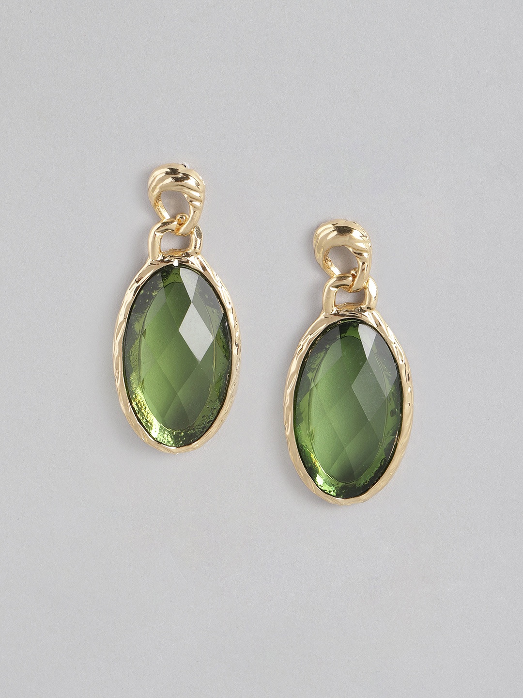 

justpeachy Green & Gold-Toned Stone-Studded Oval Drop Earrings