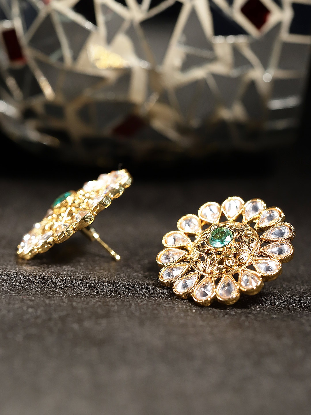 

YouBella Green Gold-Plated Stone-Studded Circular Studs