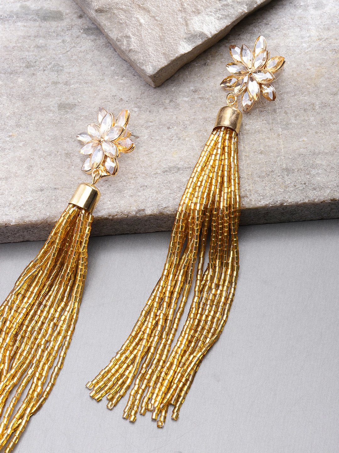 

YouBella Gold-Plated Stone-Studded Floral-Shaped Tasselled Drop Earrings
