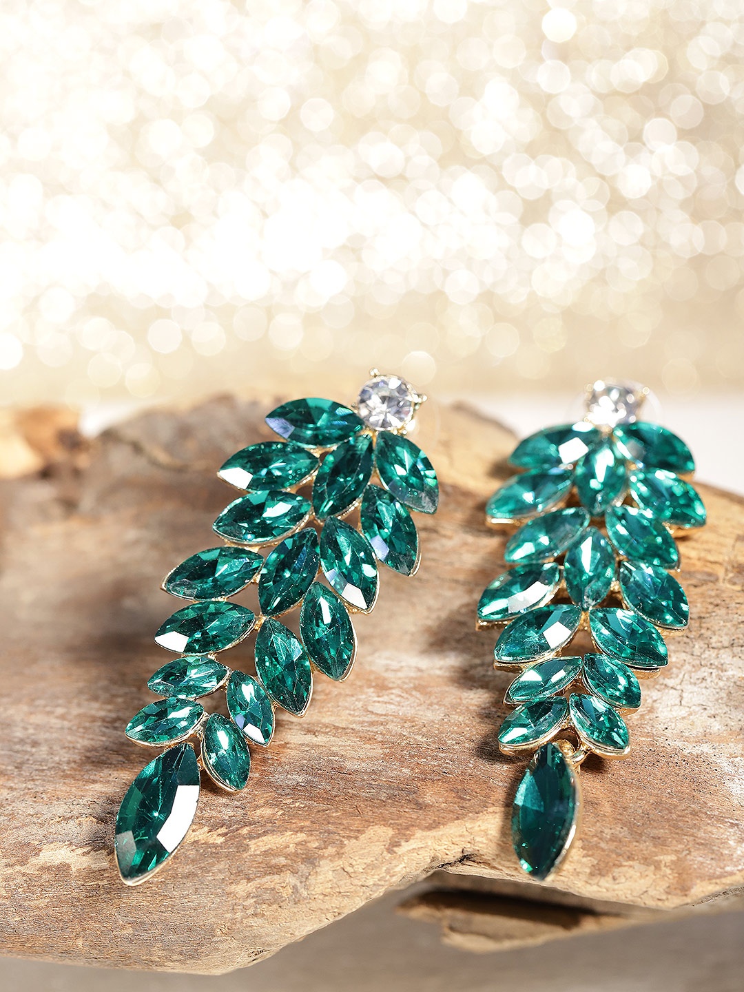 

YouBella Green Gold-Plated Stone-Studded Leaf Shaped Drop Earrings