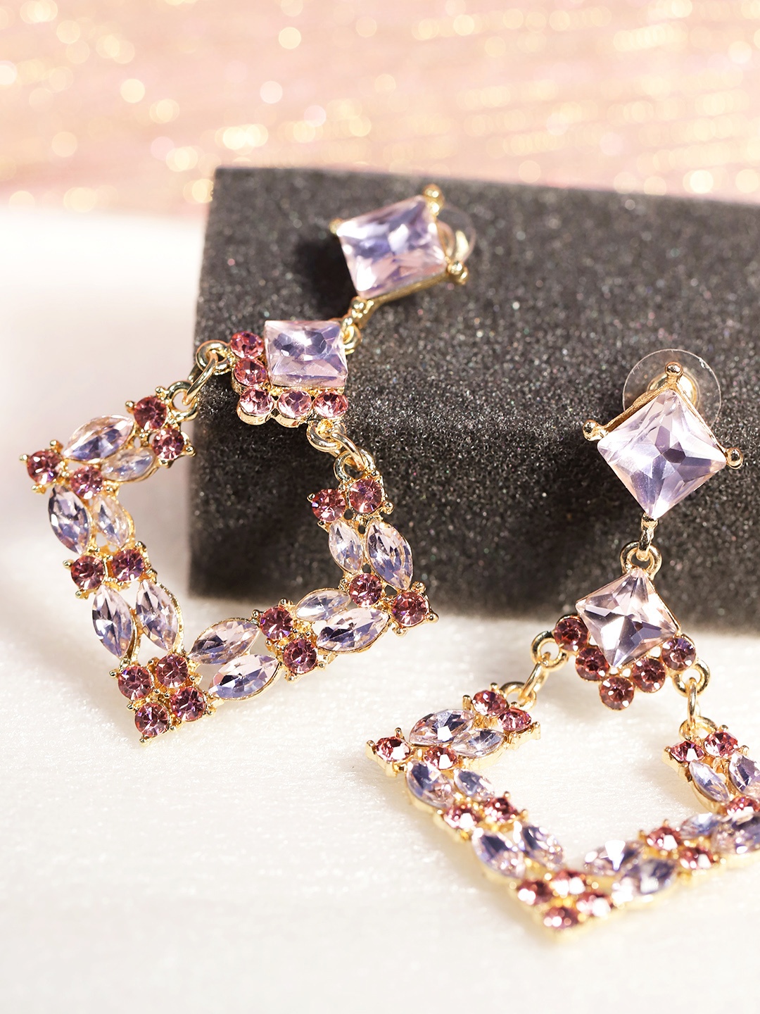 

YouBella Pink Gold-Plated Stone-Studded Diamond Shaped Drop Earrings