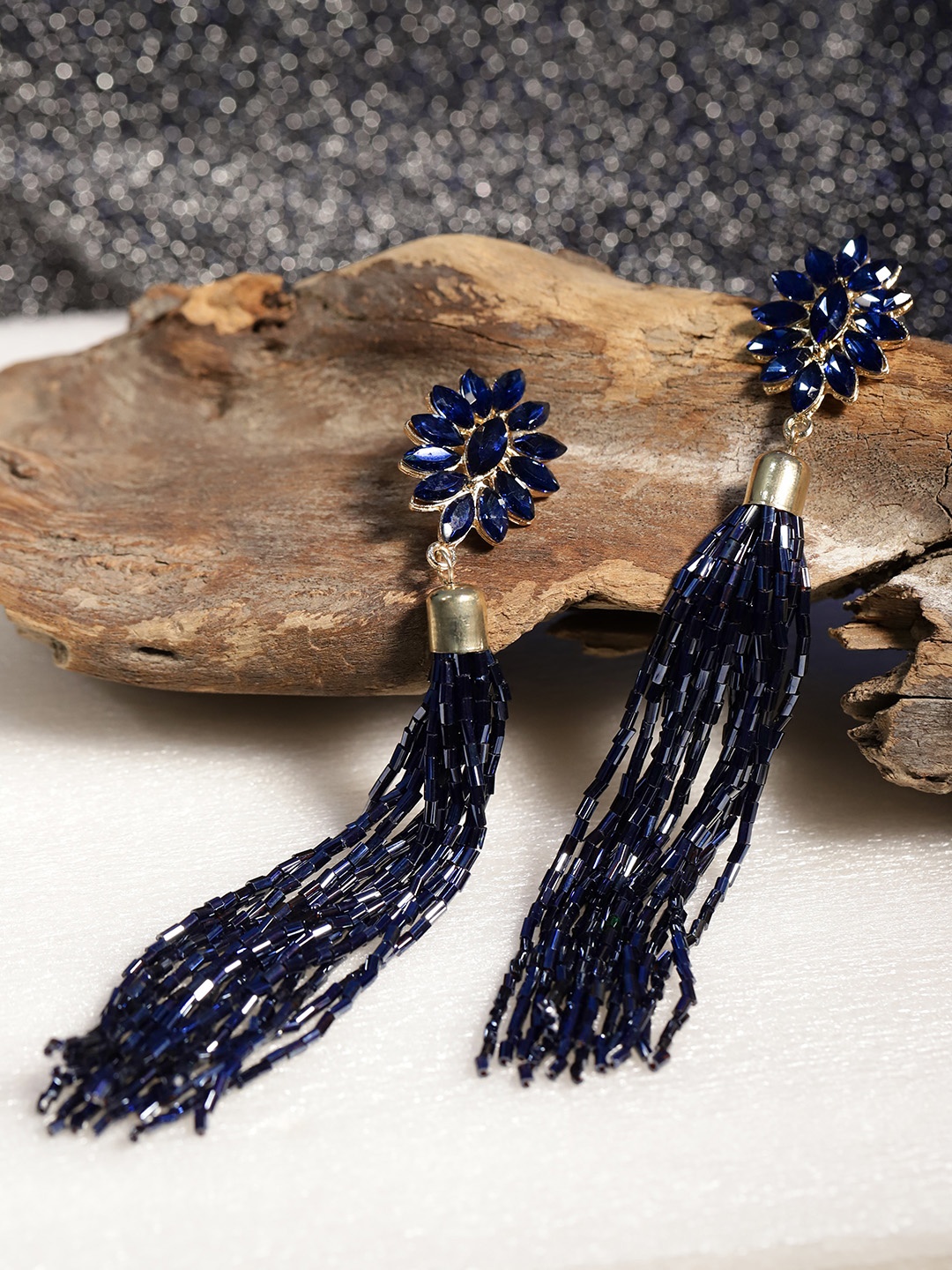 

YouBella Navy Blue Gold-Plated Tasselled Stone-Studded Drop Earrings