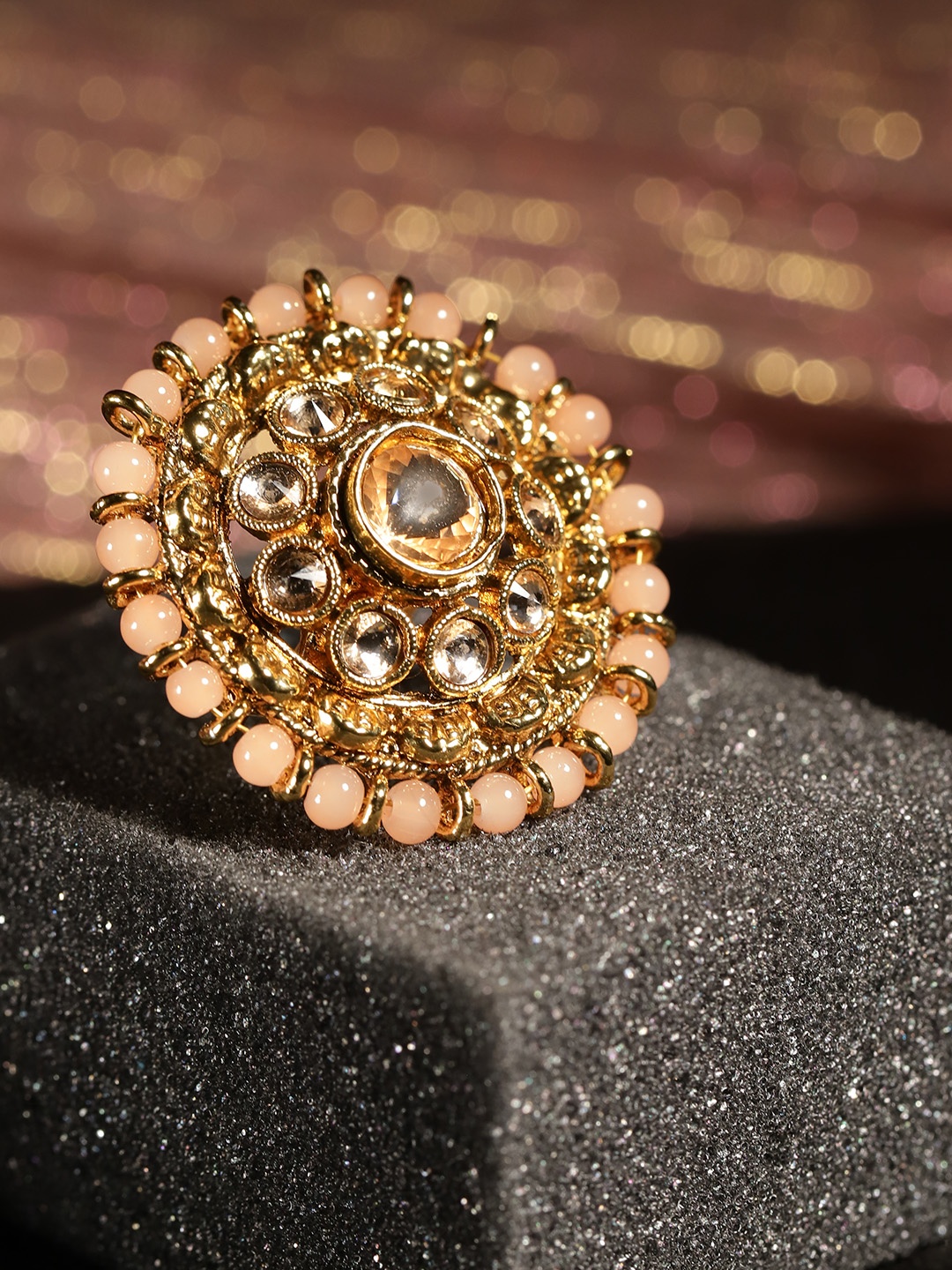 

YouBella Peach-Coloured Gold-Plated Stone-Studded Adjustable Ring