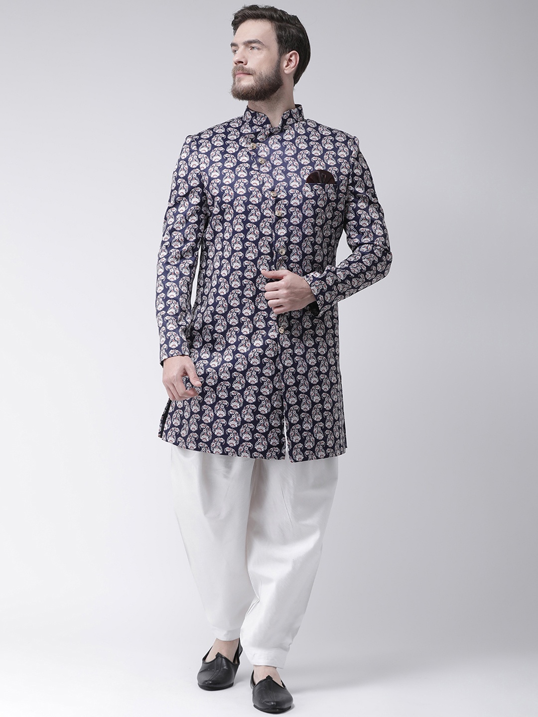 

Hangup Men Multicoloured Printed Sherwani With White Solid Dhoti Pants, Multi