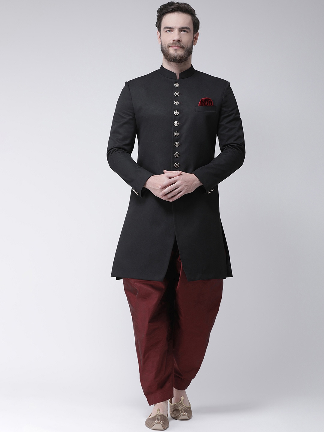 

Hangup Men Black Solid Sherwani With Maroon Solid Dhoti Pants