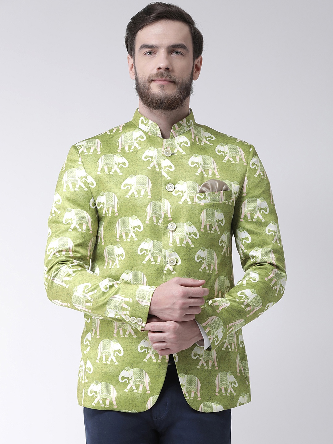 

Hangup Men Green Printed Regular Fit Single-Breasted Blazer