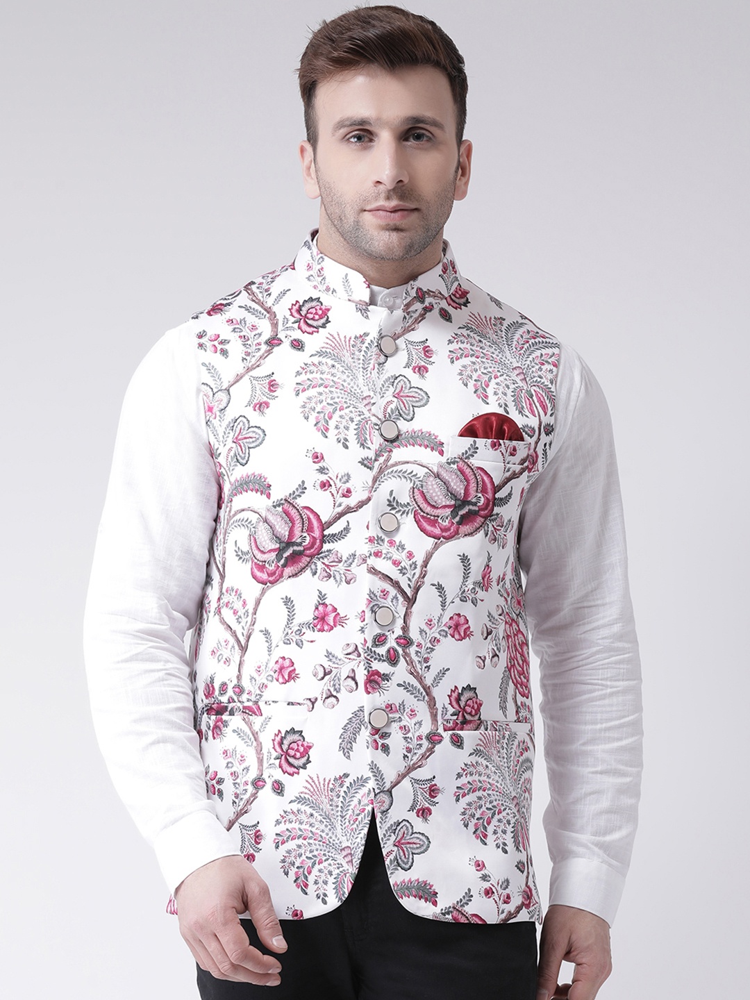 

Hangup Men Multicoloured Printed Nehru Jacket, White