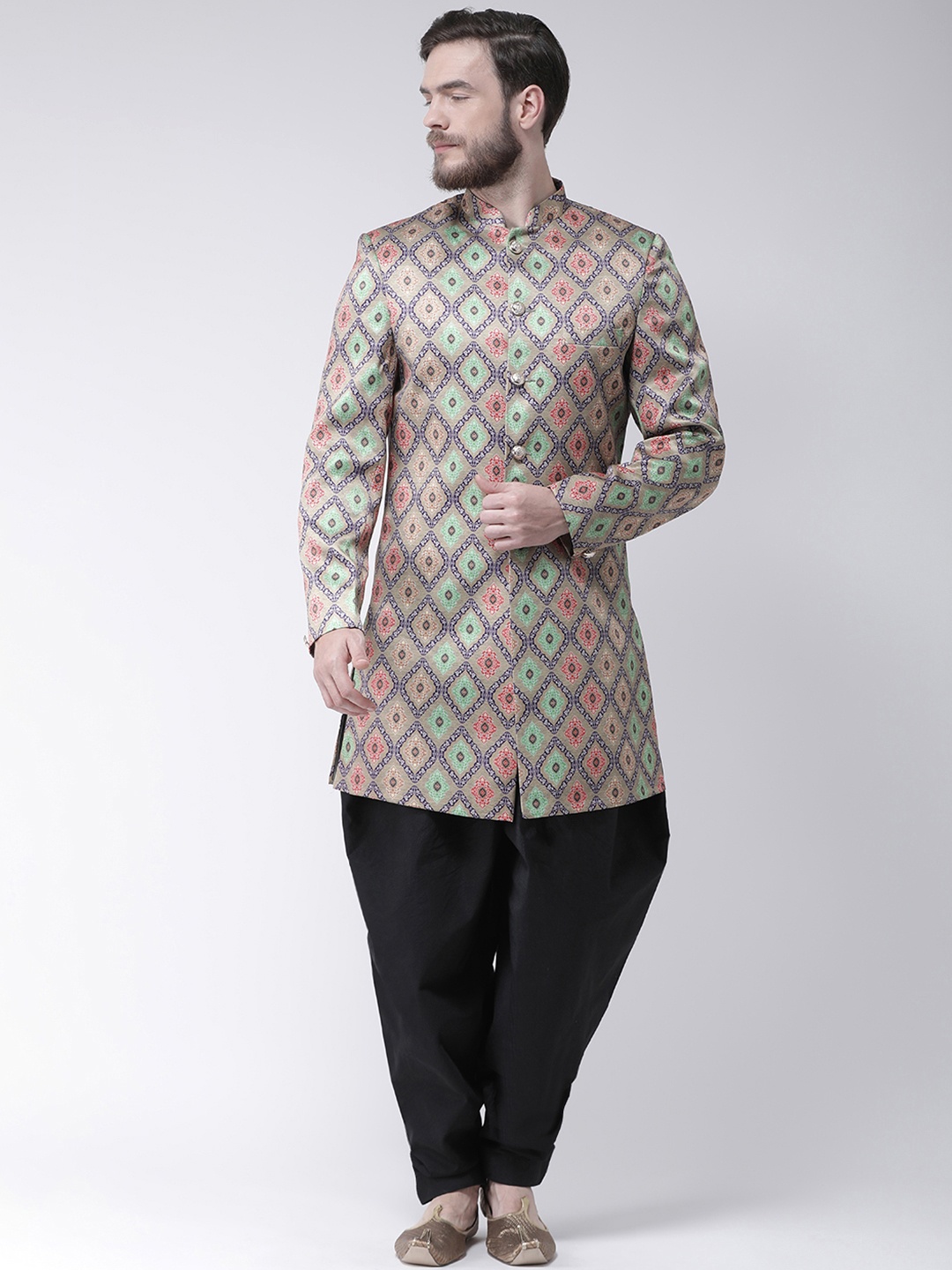 

Hangup Men Multicoloured Printed Sherwani With Black Solid Dhoti Pants, Multi