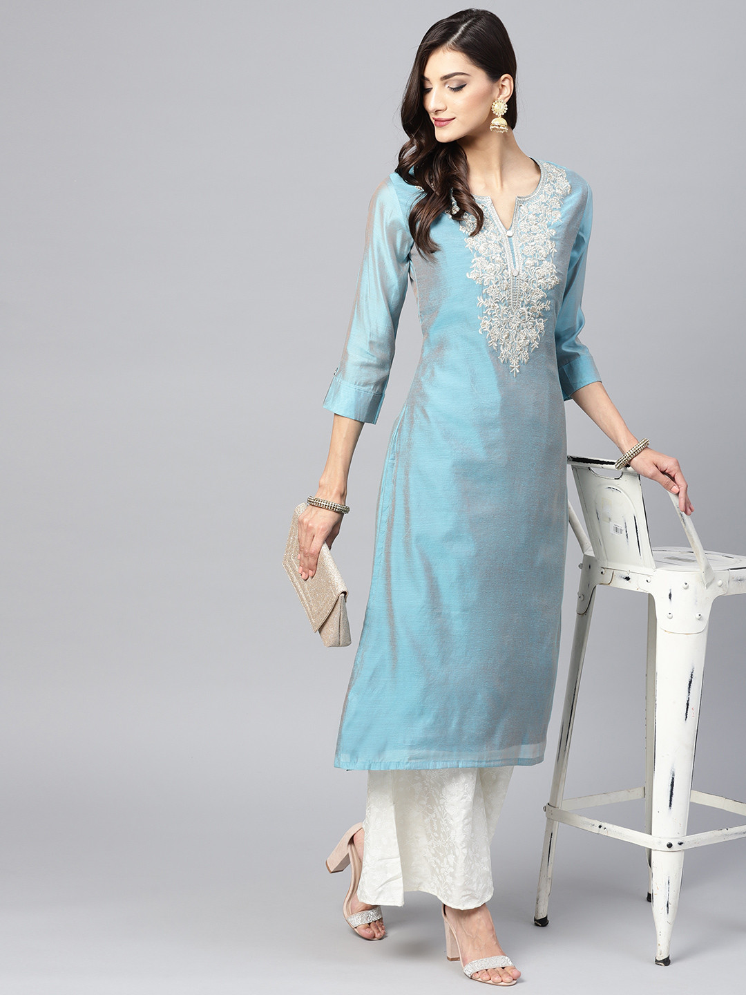 

Inddus Women Blue & White Yoke Design Kurta with Palazzos